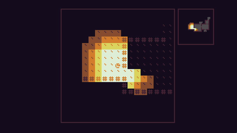A dark ASCII art map. A warm glow of light surrounds an AT-symbol in the center. Pound signs form walls, blocking the light. A minimap to the side shows the same glow, and a larger area in gray.